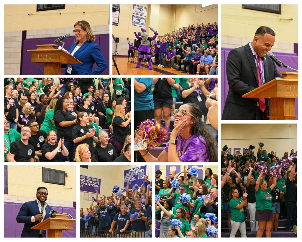 college of photos of teachers showing school spirit during staff convocation