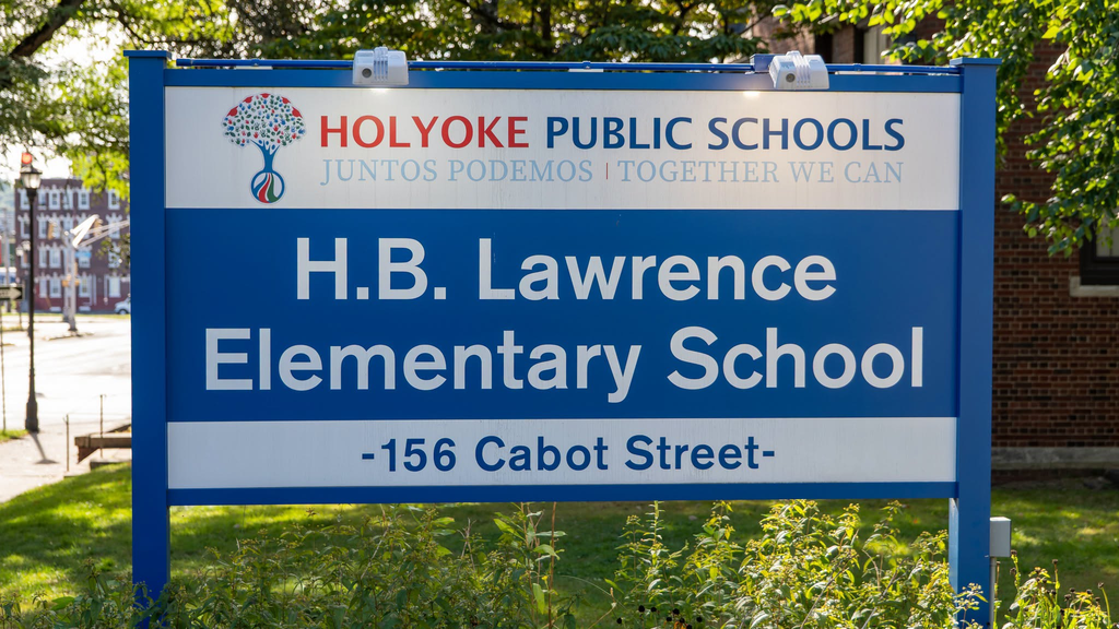 School sign that reads "Holyoke Public Schools H.B. Lawrence Elementary School"