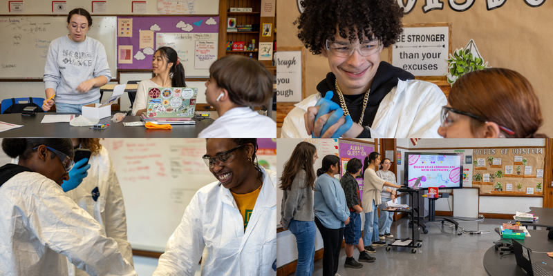 collage of students in science class 