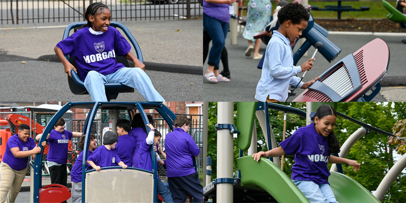 photo collage of new playground opening