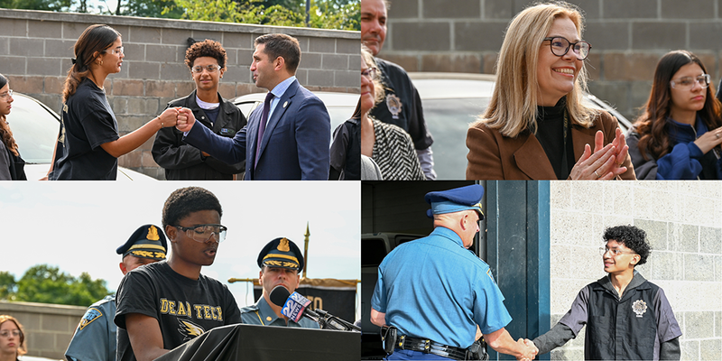 Four photos from press conference: Shaking hands, clapping, and speaking at podium