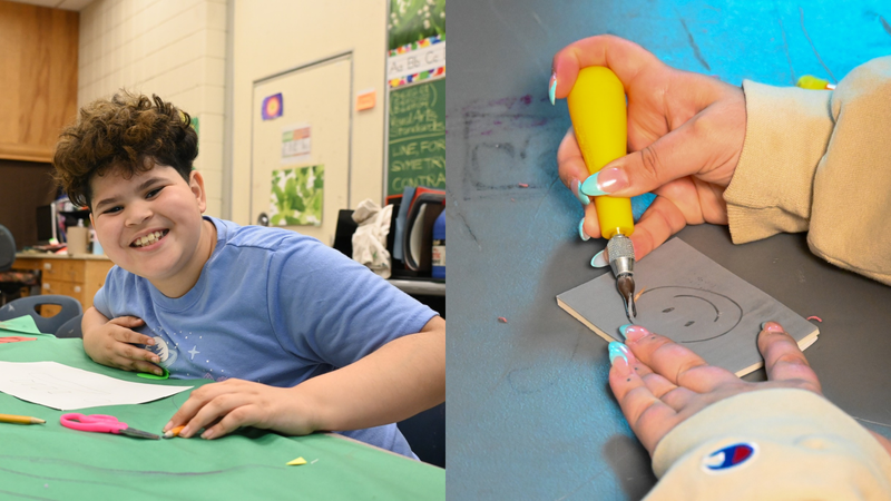 Smiling student and an example of linocutting