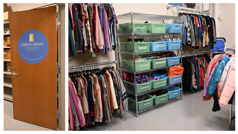 Door with Catie's closet logo plus racks and bins of clothing and supplies