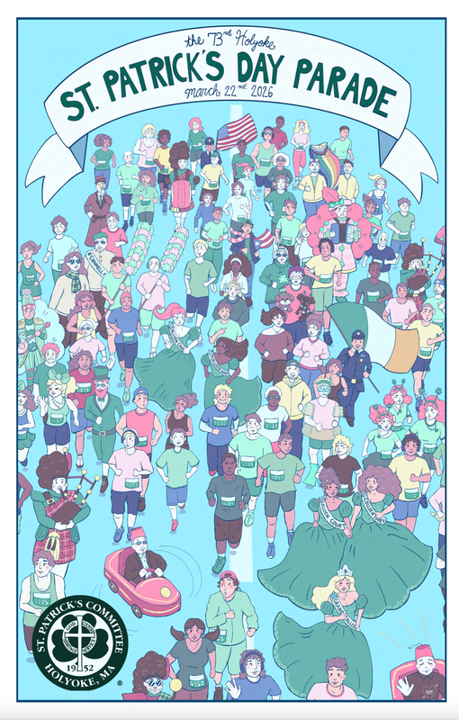 St. Patrick's Day Parade program cover: a teal background with numerous illustrated figures walking in a parade, running a road race, spectating, and more