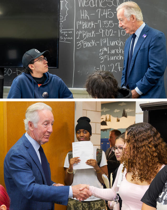Congressman Neal speaking to a student in a classroom in top photo, and shaking hands with a student in the bottom photo