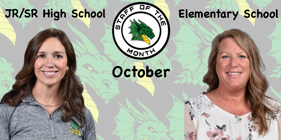 Two women labeled as "JR/SR High School" and "Elementary School" with a dragon-themed background.