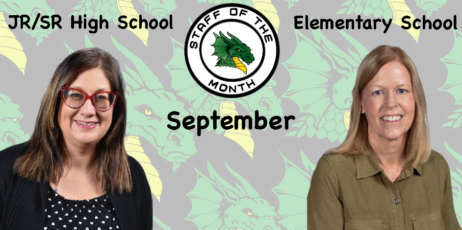 Two women labeled as "JR/SR High School" and "Elementary School" with a dragon-themed background.