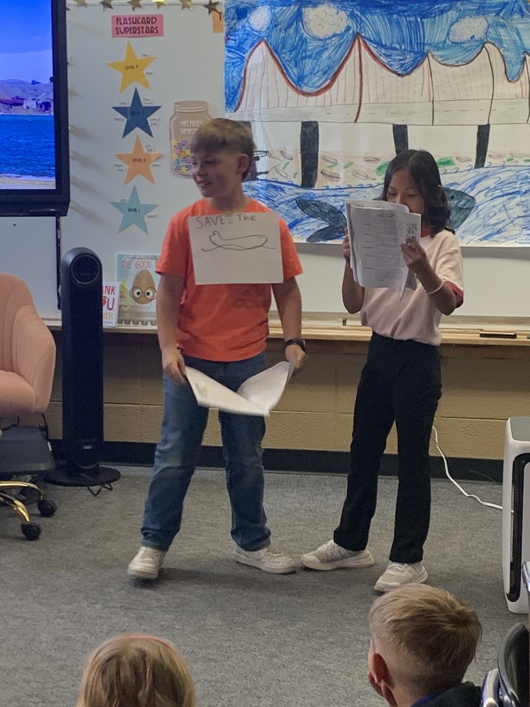 The 2nd grade students in Mrs. Pelle's reading class put on a readers theatre play called “A Whale of Story." They focused on their vocal expressions and their reading skills. They also got to use their creativity by making their setting backdrop. 