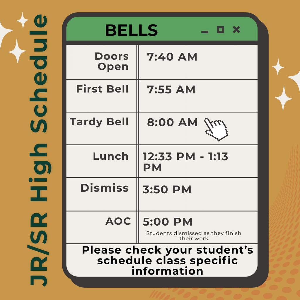 School starts tomorrow. JR/SR High opens the doors at 7:40 AM. Holyoke Elementary starts Wednesday and the doors open at 7:45 AM. Students be in class by 8:00 AM (JR/SR) 8:05 AM Elementary) to avoid being tardy. Questions? 📞 Call the school office! 