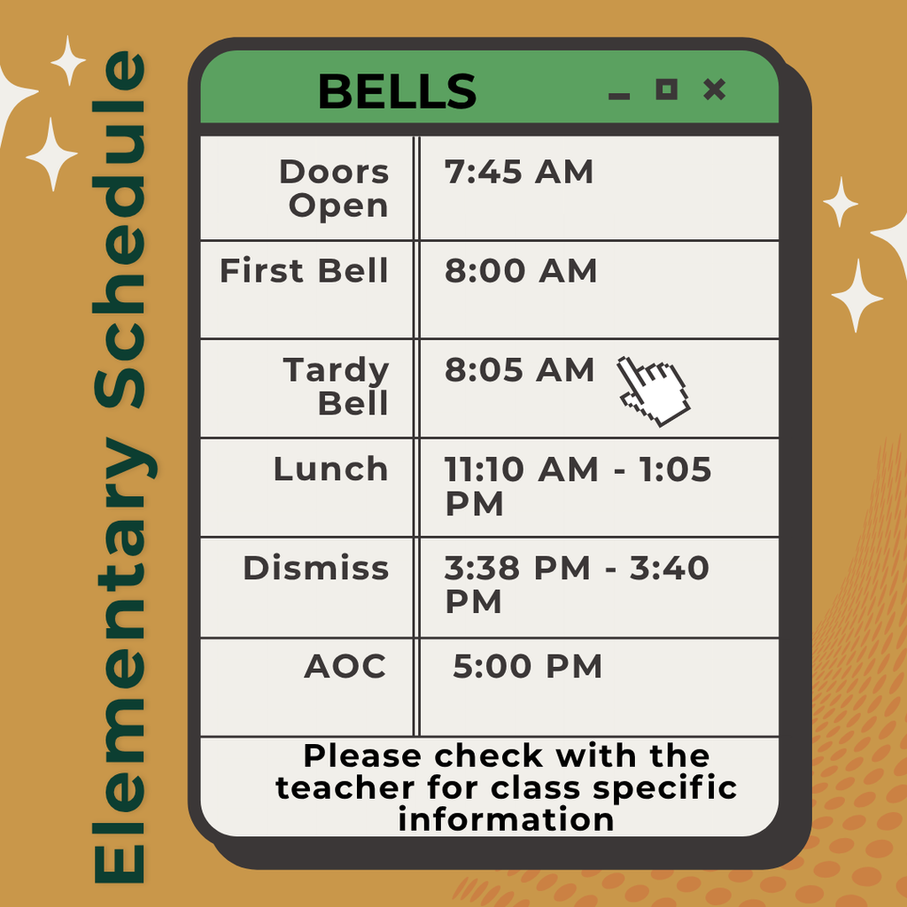 School is just around the corner! JR/SR High opens the doors at 7:40 AM and Holyoke Elementary at 7:45 AM. Students be in class by 8:00 AM (JR/SR) 8:05 AM Elementary) to avoid being tardy. Questions? 📞 Call the school office! 