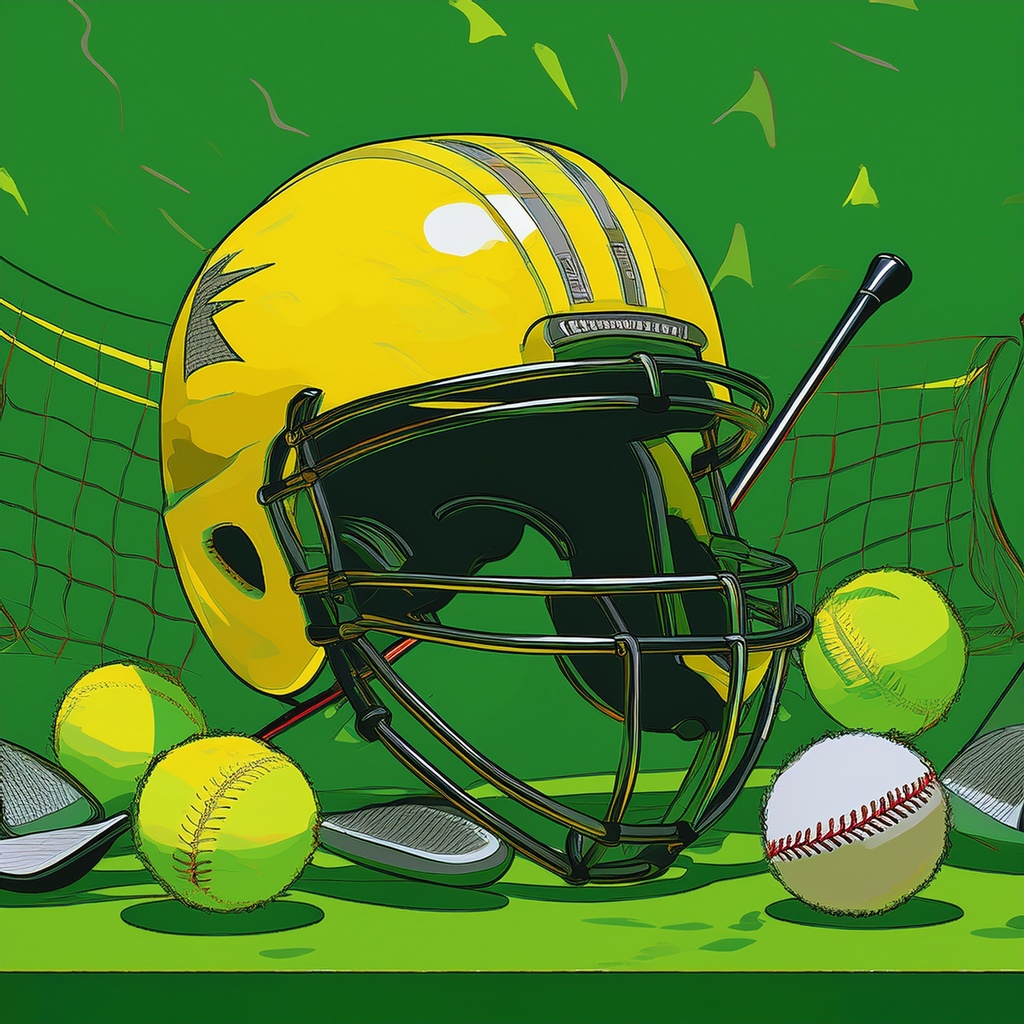 football helmet, volleyball net, golf clubs, yellow softball on a green background