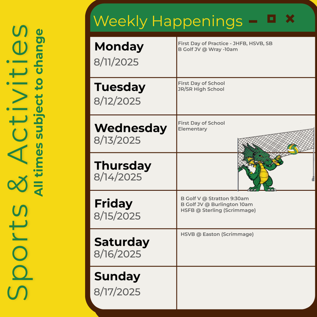 Infographic containing the information for the week. Please call the school for information 970.854.2284