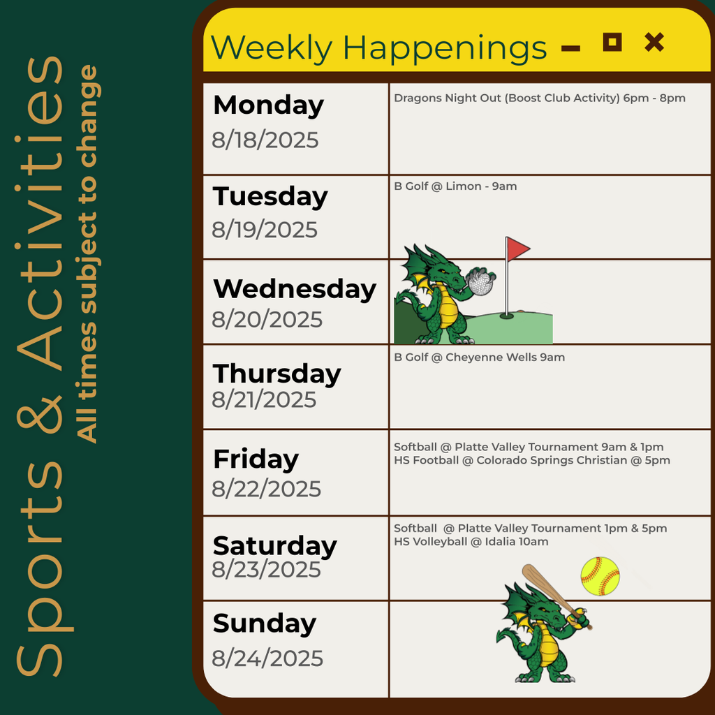 Infographic containing the information for the week. Please call the school for information 970.854.2284