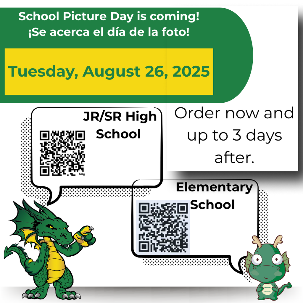 School Picture day is August 26. You can order online now and up to 3 days afterwards at the following links: Elementary - http://bit.ly/45sdCfx JR/SR High School - https://bit.ly/4lzWV6o