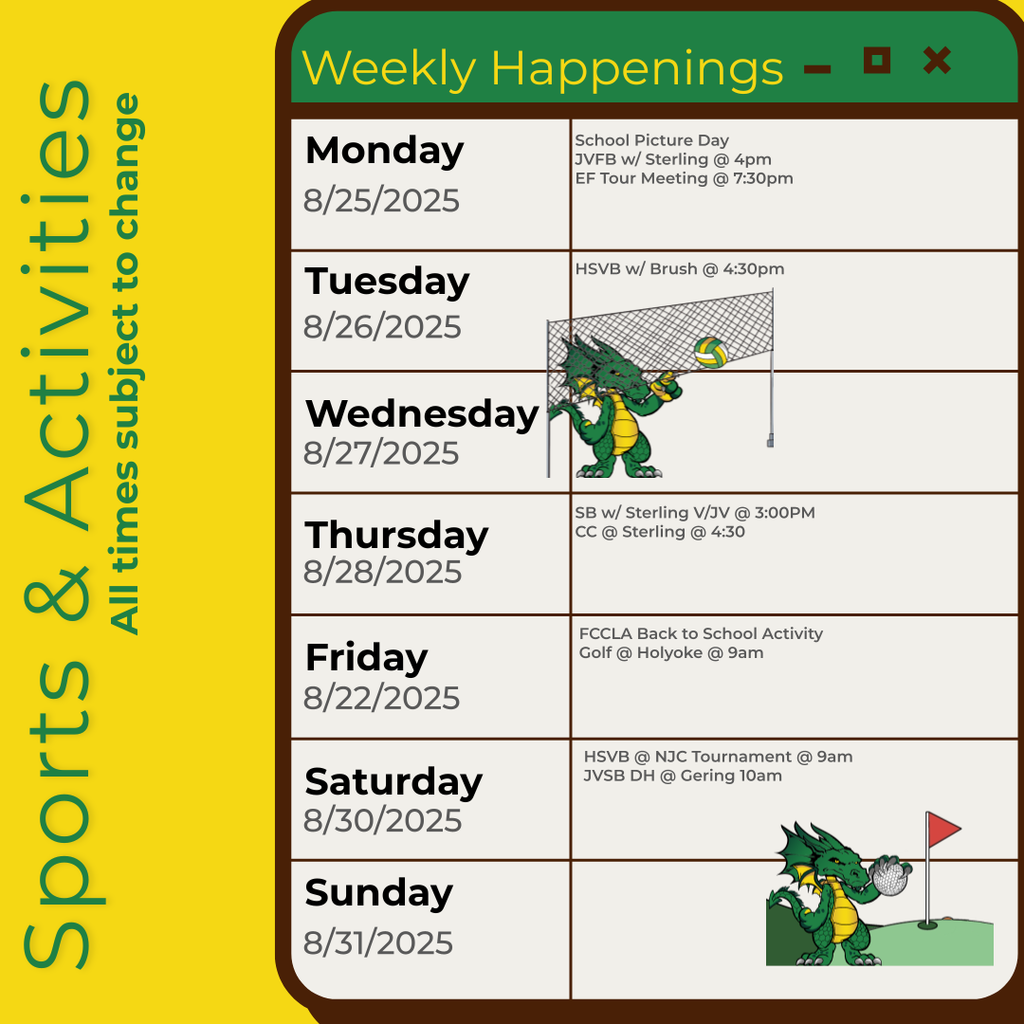 Infographic containing the information for the week. Please call the school for information 970.854.2284