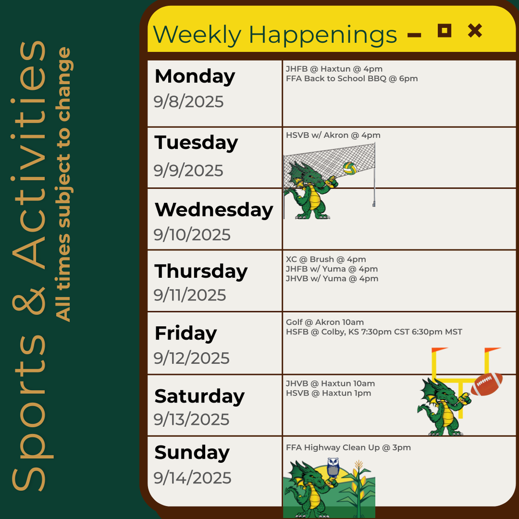 Infographic containing the information for the week. Please call the school for information 970.854.2284