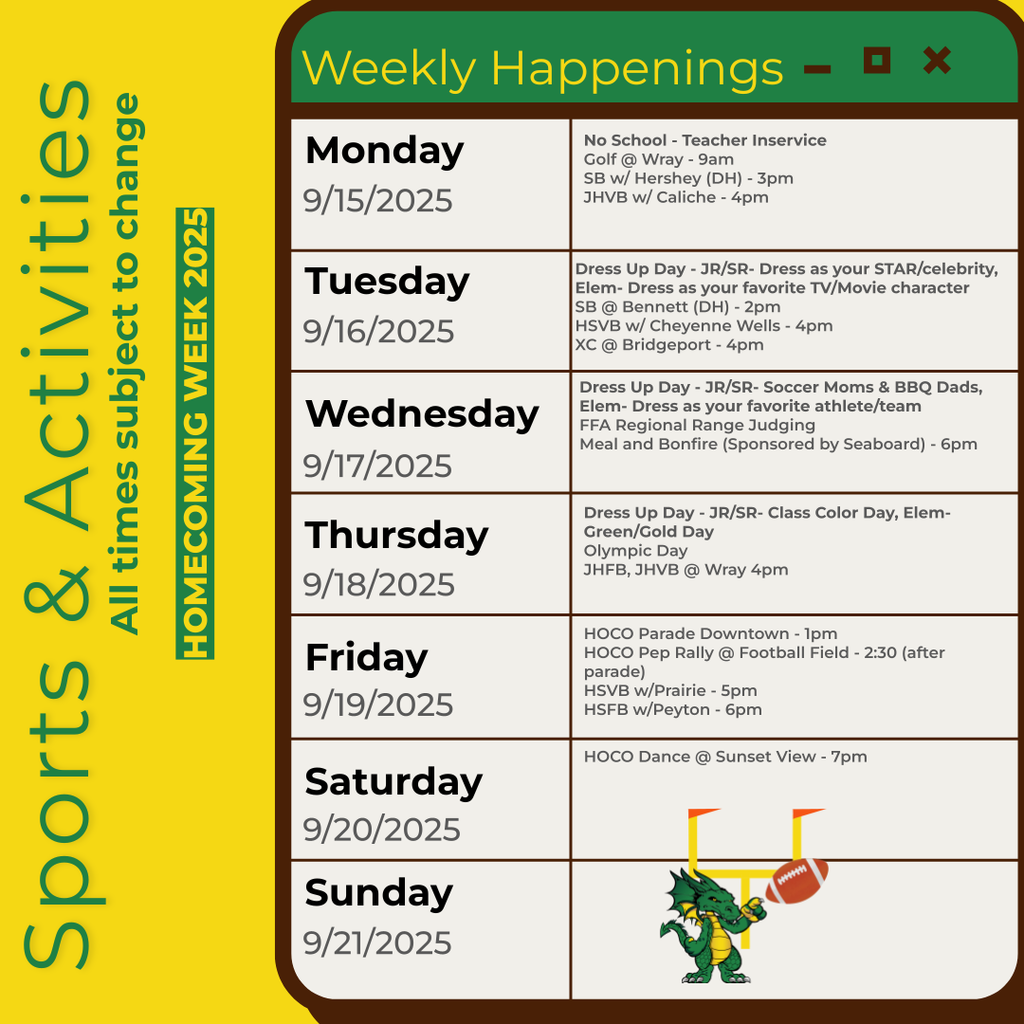 Infographic containing the information for the week. Please call the school for information 970.854.2284