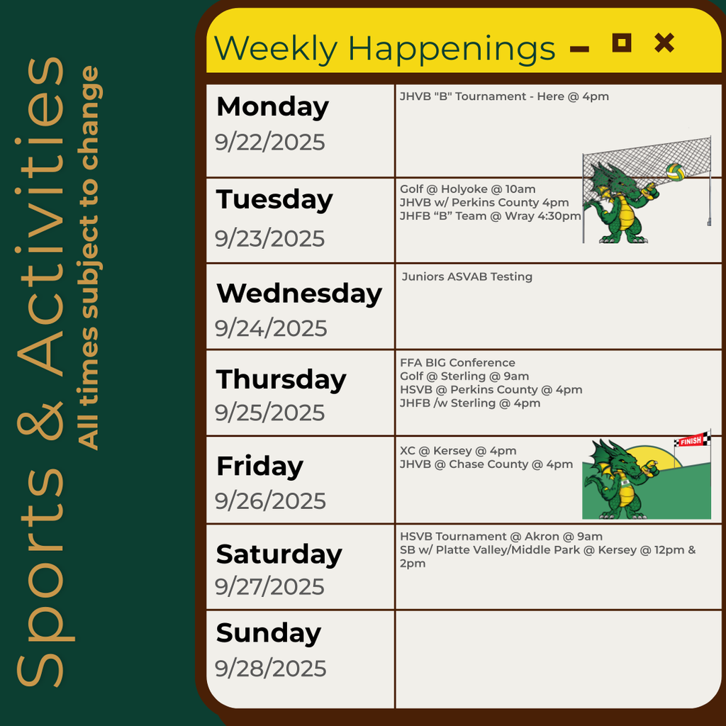 Infographic containing the information for the week. Please call the school for information 970.854.2284