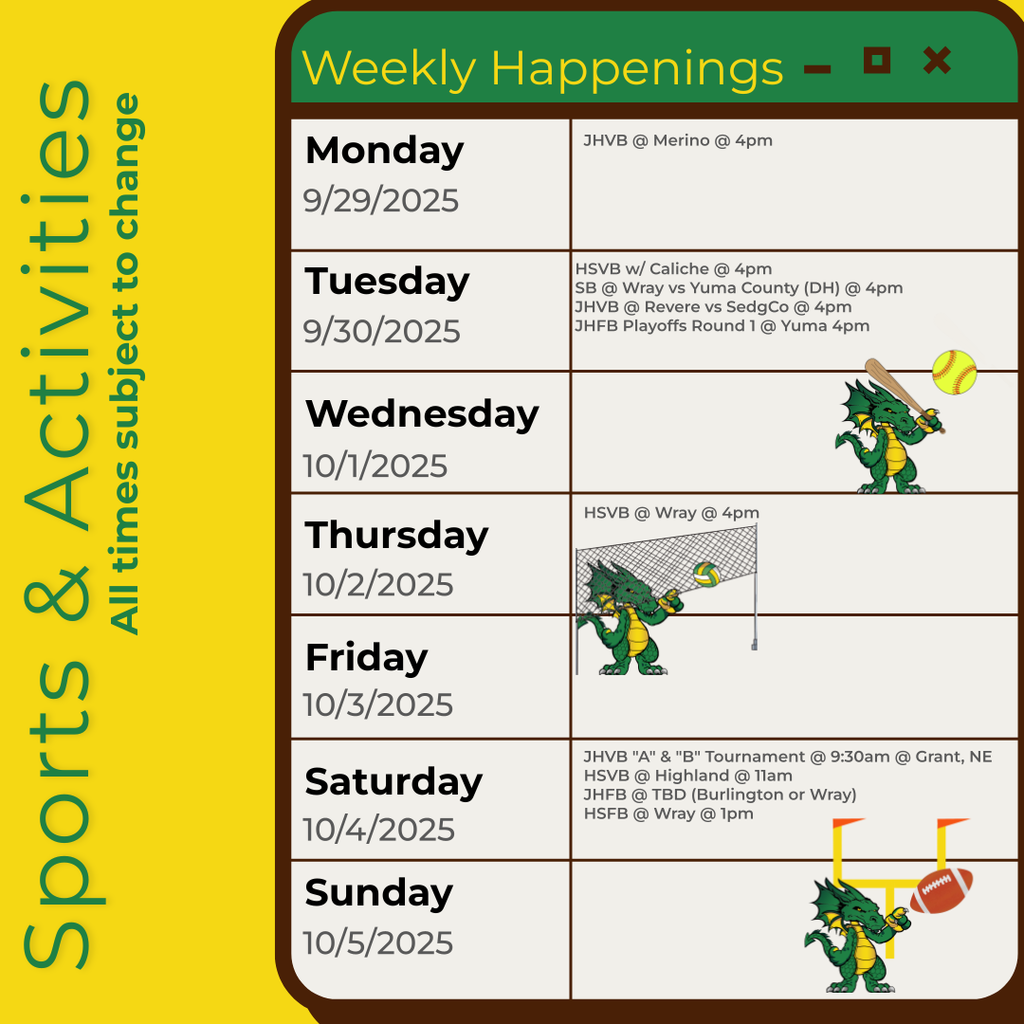 Infographic containing the information for the week. Please call the school for information 970.854.2284