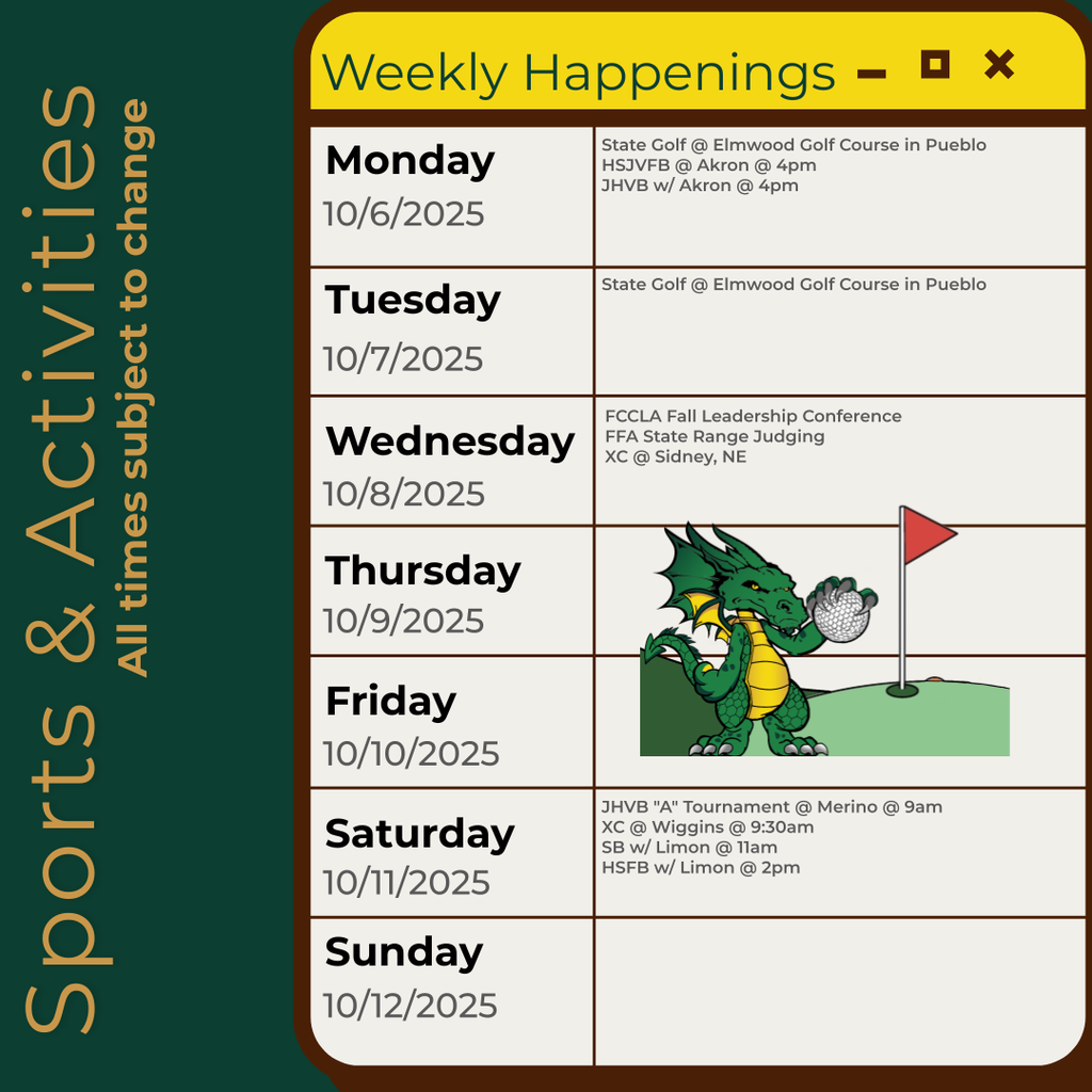 Infographic containing the information for the week. Please call the school for information 970.854.2284