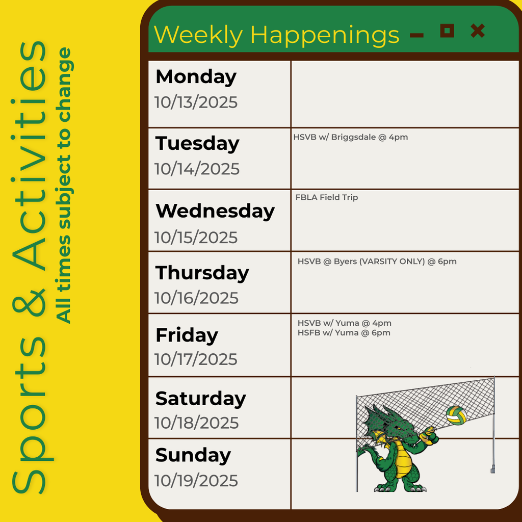 Infographic containing the information for the week. Please call the school for information 970.854.2284