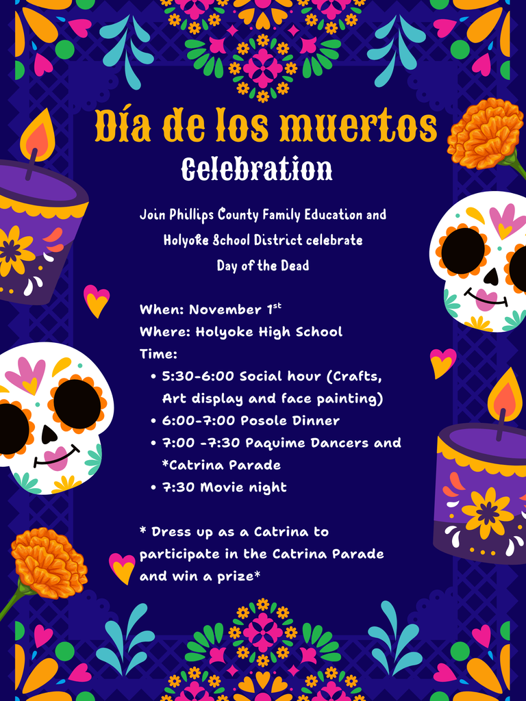 🎉 Join us in celebrating Día de los Muertos! 🌼 📅 When: Nov 1 📍 Where: Holyoke High School 🕠 5:30 PM - Social Hour & Crafts 🍽️ 6:00 PM - Posole Dinner 💃 7:00 PM - Dance Parade & Movie Night! Dress as a Catrina for a chance to win a prize! 🎭 #DíaDeLosMuertos