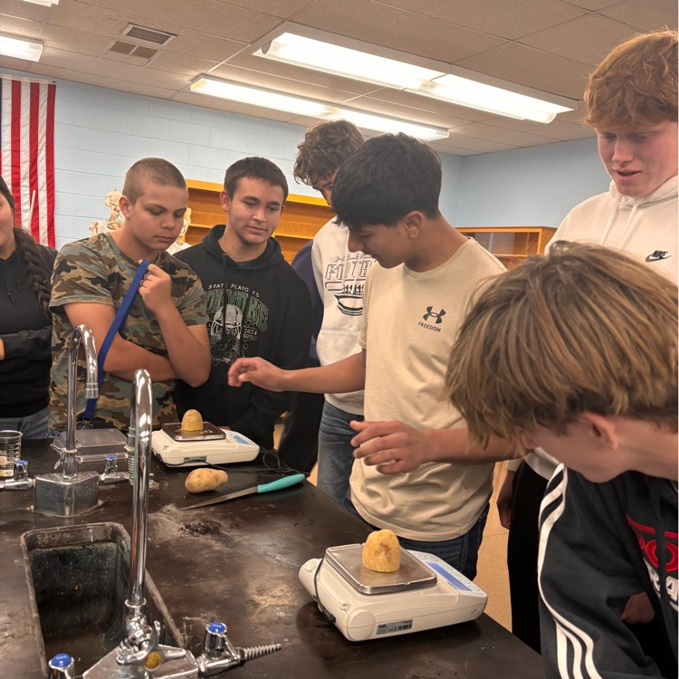 boys stand around a table 