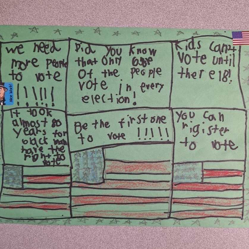 Hand-drawn voter encouragement poster with an American flag and colorful text.