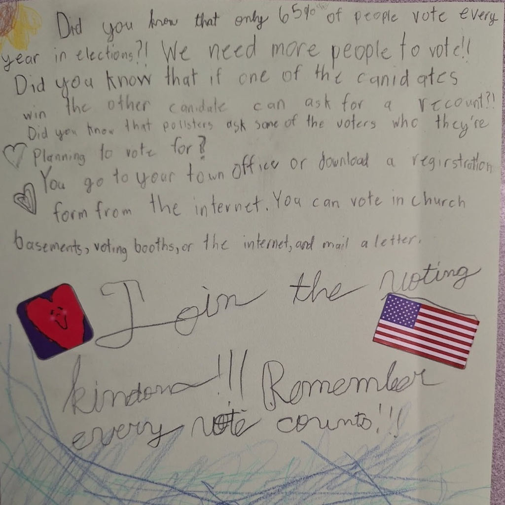 Hand-drawn voter encouragement poster with an American flag and colorful text.