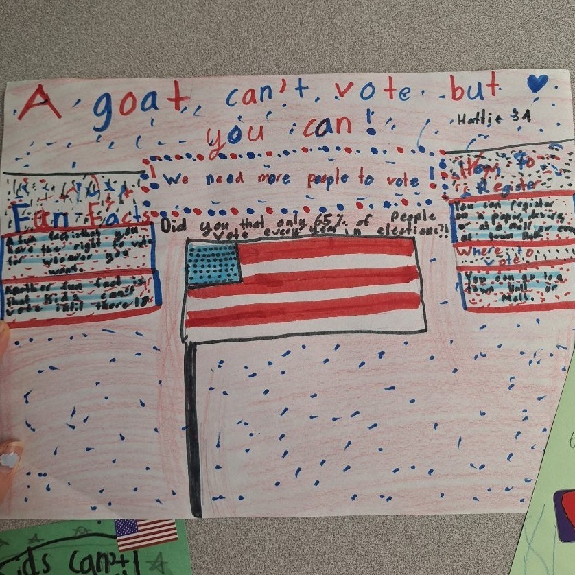 Hand-drawn voter encouragement poster with an American flag and colorful text.