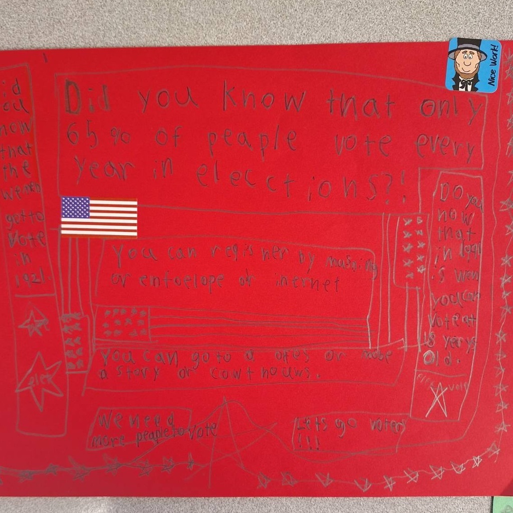 Hand-drawn voter encouragement poster with an American flag and colorful text.