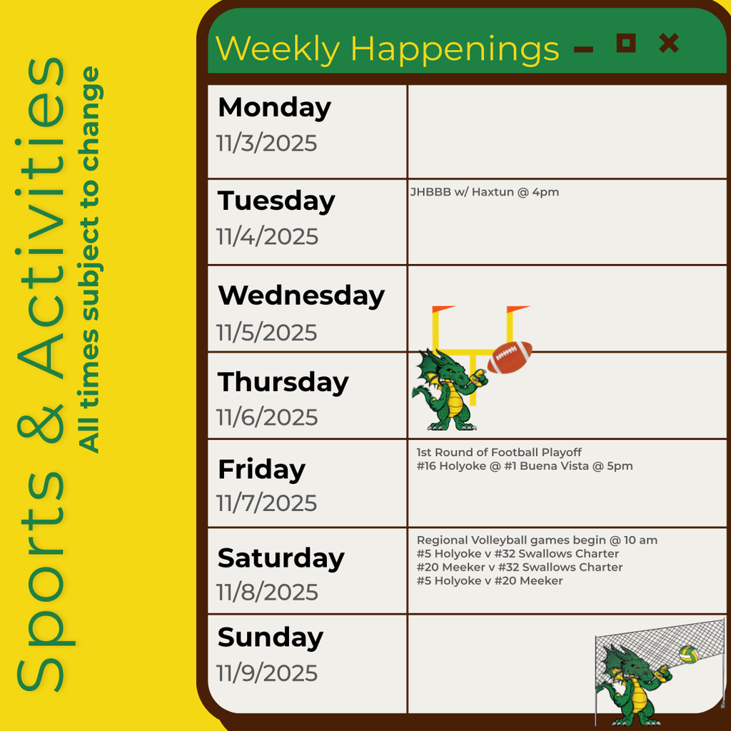 Infographic containing the information for the week. Please call the school for information 970.854.2284