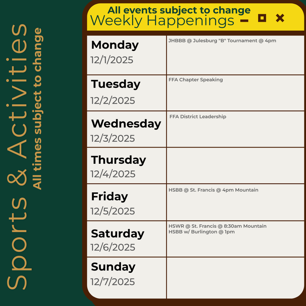 Infographic containing the information for the week. Please call the school for information 970.854.2284