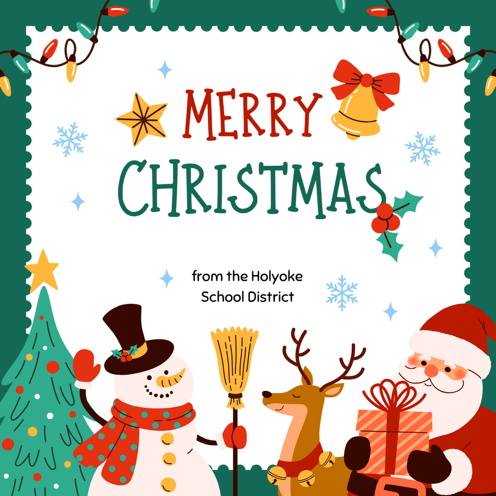 Festive Christmas card with "Merry Christmas" message, snowman, reindeer, Santa, and holiday decorations.