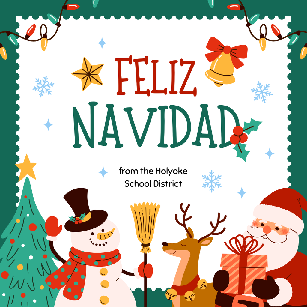 Festive Christmas card with "Feliz Navidad" message, snowman, reindeer, Santa, and holiday decorations.