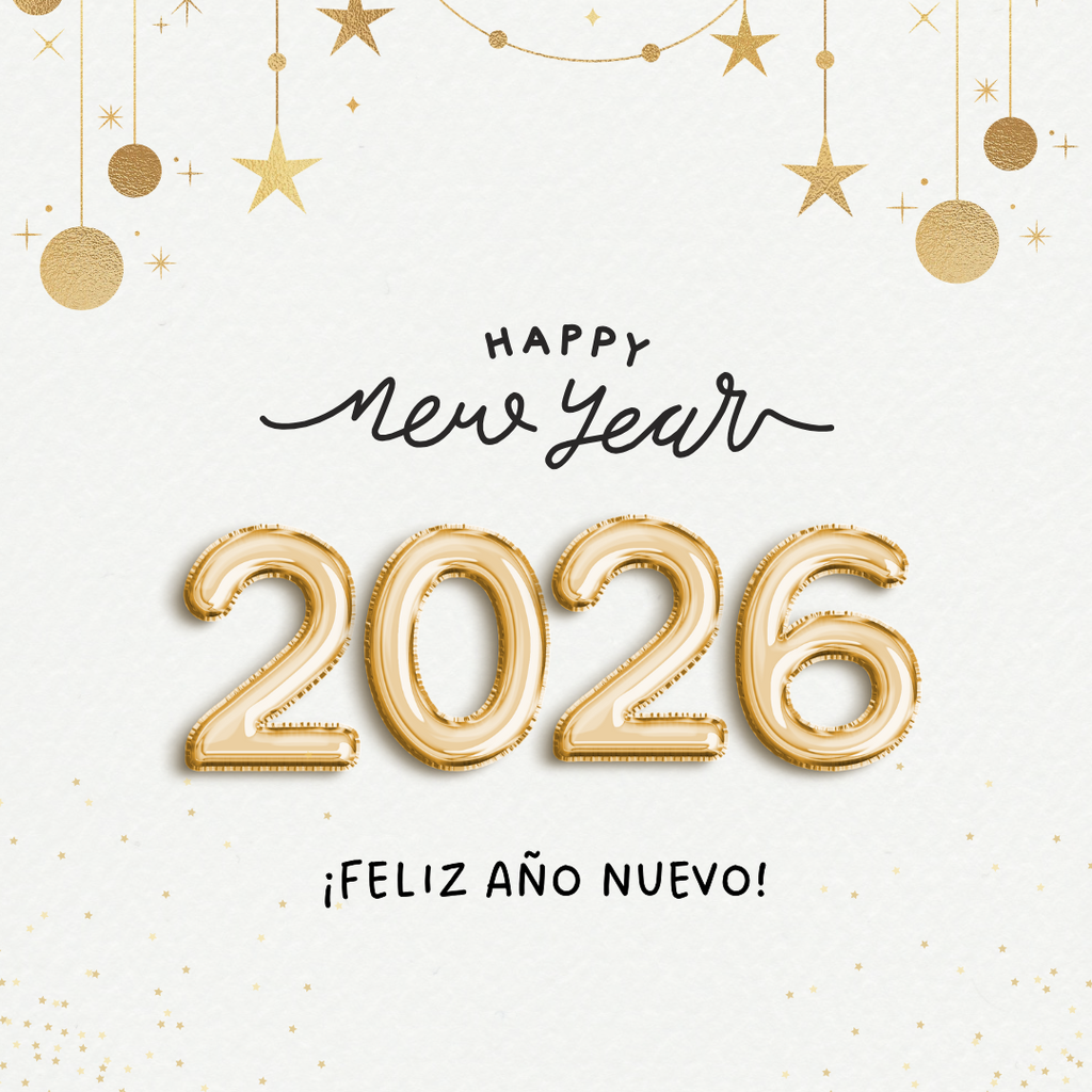 New Year greeting card with "Happy New Year" and "2026" in gold balloon numbers, and "¡Feliz Año Nuevo!" at the bottom.