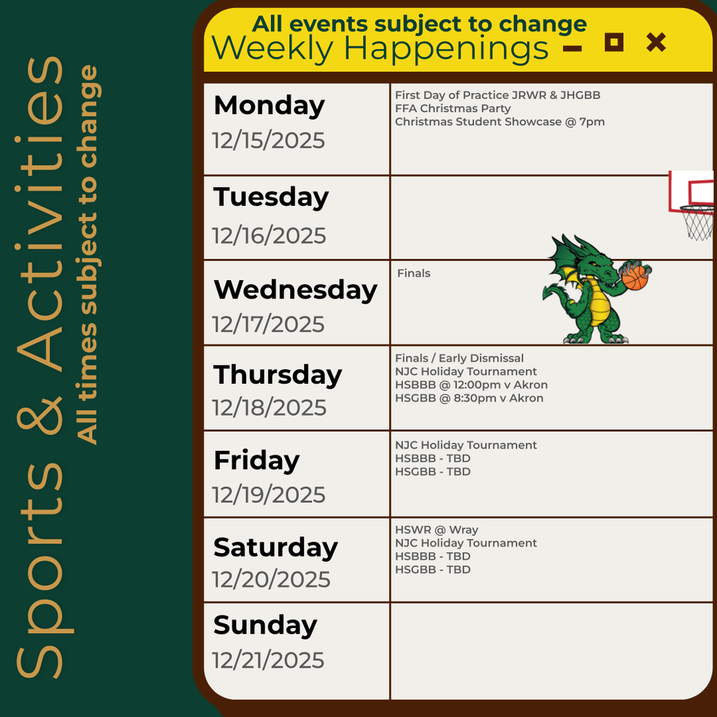 Infographic containing the information for the week. Please call the school for information 970.854.2284