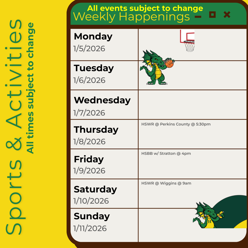 Infographic containing the information for the week. Please call the school for information 970.854.2284