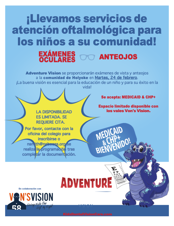 A colorful flyer announces kid-friendly vision care services by Adventure Vision in Holyoke on February 24th, highlighting eye exams and glasses availability with Medicaid and CHP+.
