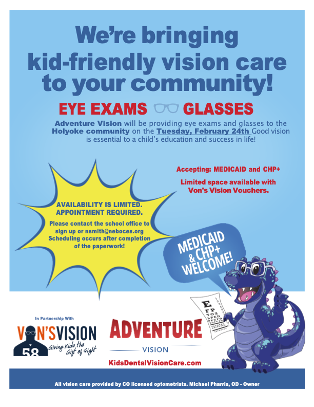 A colorful flyer announces kid-friendly vision care services by Adventure Vision in Holyoke on February 24th, highlighting eye exams and glasses availability with Medicaid and CHP+.