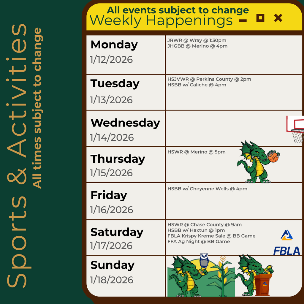 Infographic containing the information for the week. Please call the school for information 970.854.2284