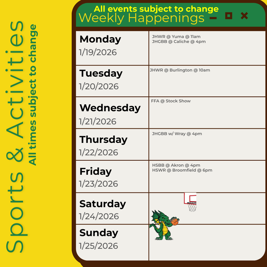 Infographic containing the information for the week. Please call the school for information 970.854.2284