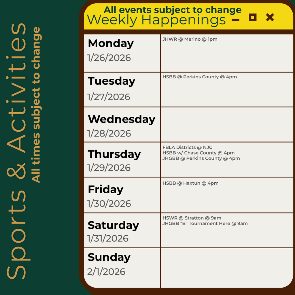 Infographic containing the information for the week. Please call the school for information 970.854.2284