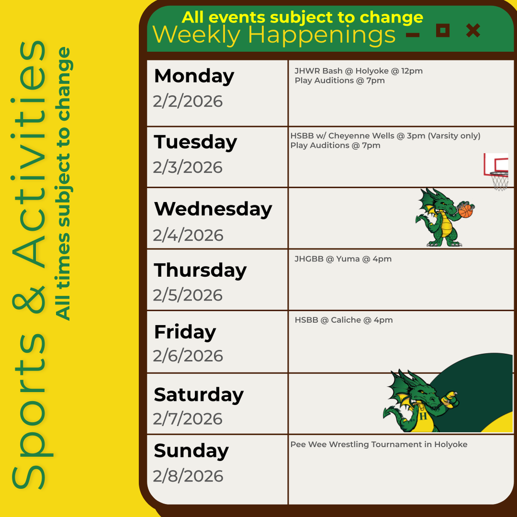 Infographic containing the information for the week. Please call the school for information 970.854.2284