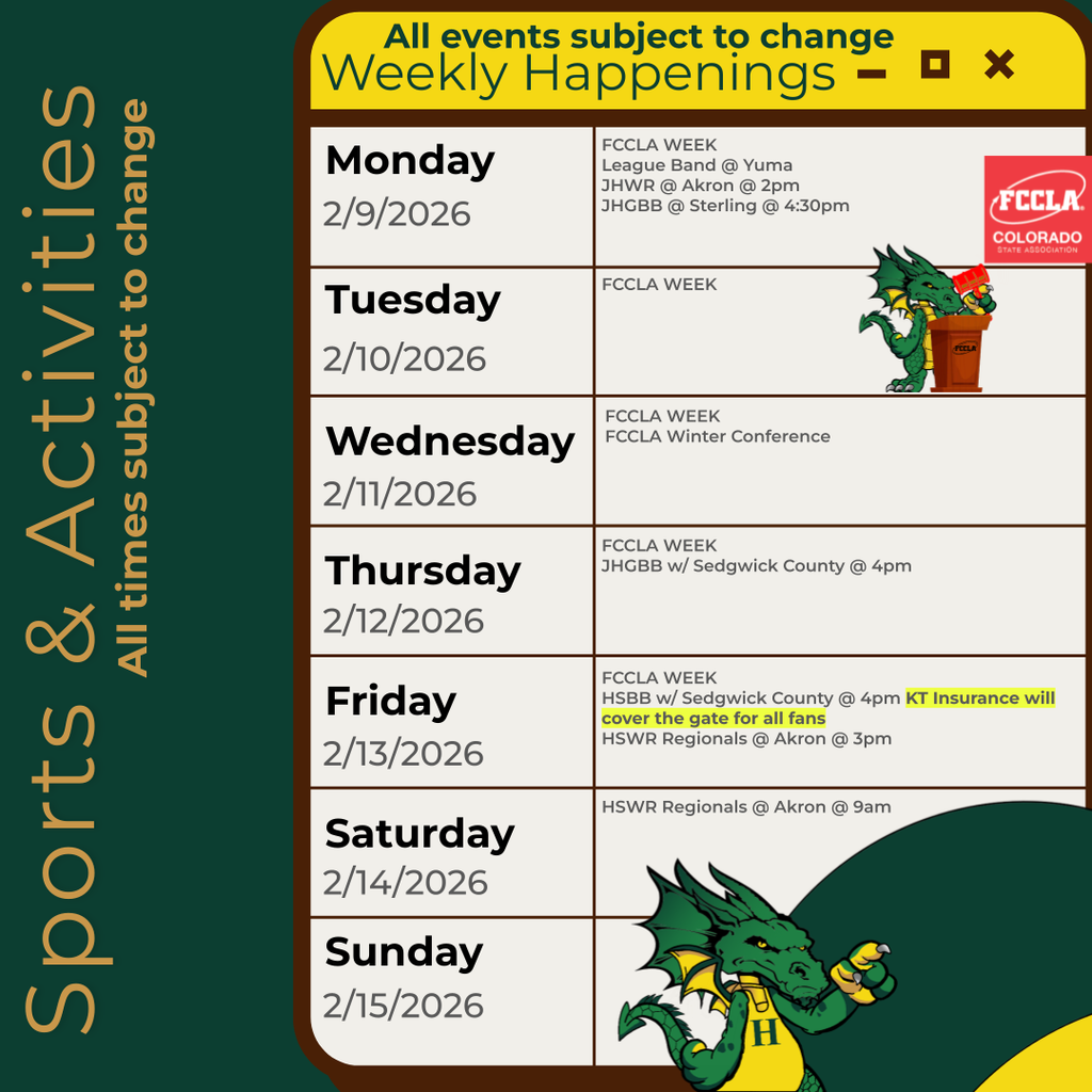 Infographic containing the information for the week. Please call the school for information 970.854.2284