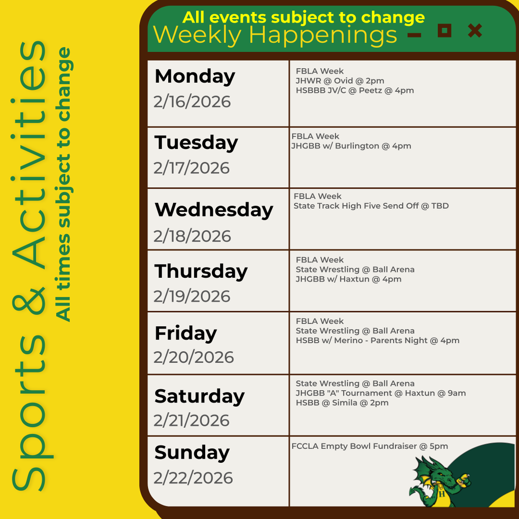 Infographic containing the information for the week. Please call the school for information 970.854.2284