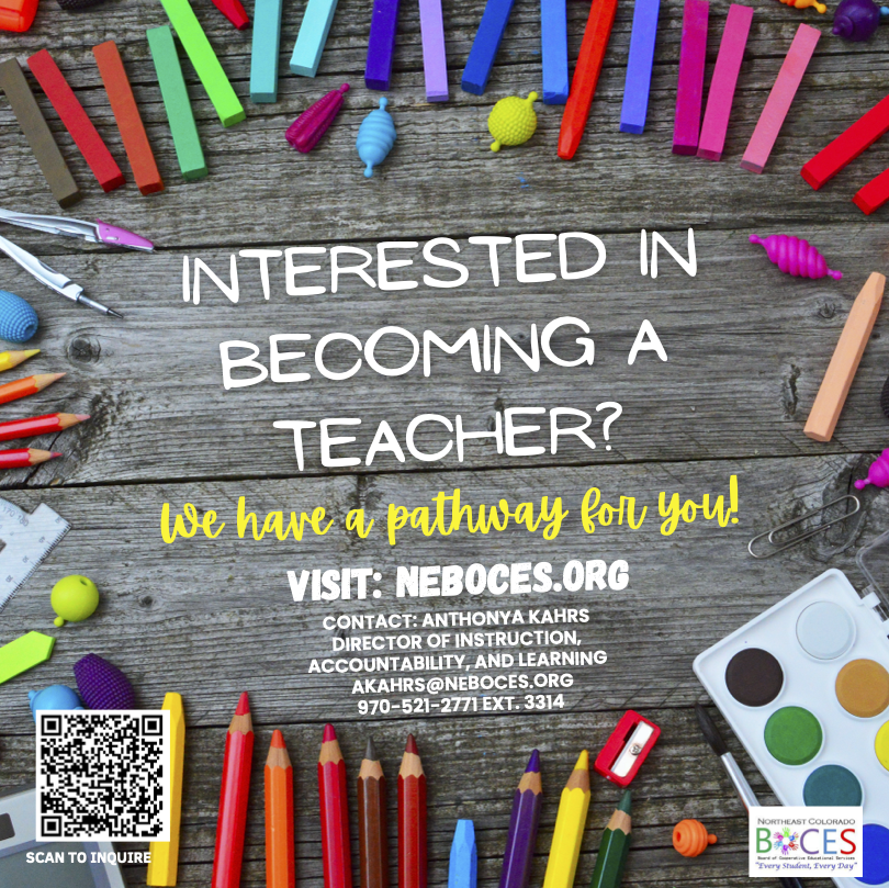 The image features a top-down view of a wooden surface with various colorful stationery items arranged around the edges. These items include colored pencils, erasers, and paint sets, creating a vibrant border. In the center, white text displays a message about becoming a teacher. Below this, in a yellow cursive font, is a smaller related message. There is also a QR code in the lower-left corner and a small color palette in the bottom right, alongside a logo. The wood grain texture is clearly visible, adding a rustic look.