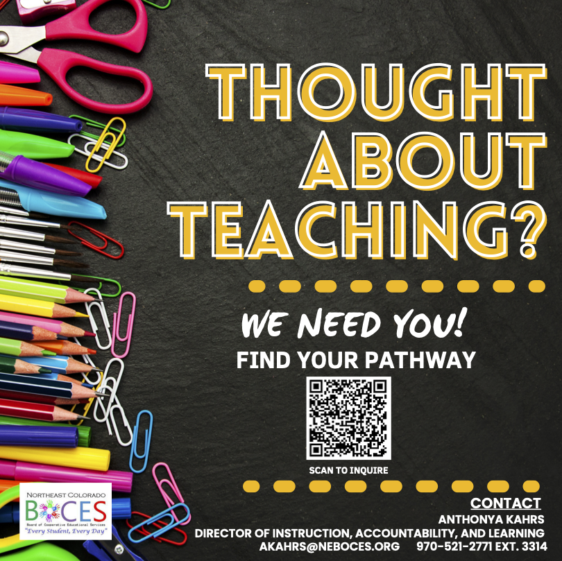 The image is a promotional flyer with a black chalkboard-like background, adorned with colorful office supplies along the left edge, including scissors, clips, and pens. The right side features the main text in bold yellow and white fonts. A QR code is centered towards the bottom right. The lower left includes a logo. The overall layout is vibrant, combining graphics with text to create a visually engaging design.