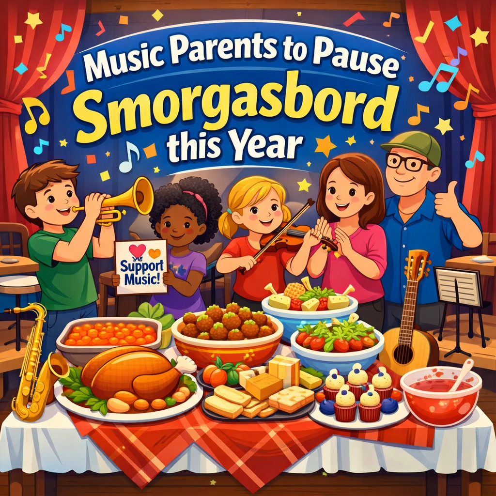 The image depicts a lively gathering with five people standing behind a table filled with various foods. The table is covered with a red plaid tablecloth and has plates of roasted turkey, meatballs, assorted cheeses, salads, and cupcakes, along with a bowl of cranberry sauce. Behind the table, four children and one adult are seen. A boy in a green shirt plays a trumpet, a girl in a purple shirt holds a "Support Music!" sign, another girl in a red shirt plays a violin, and a woman in a pink sweater claps enthusiastically. The adult man, wearing glasses and a blue shirt with a green cap, gives a thumbs-up. Musical notes and stars are scattered around, and a backdrop with red curtains frames the scene. Above them, bold text reads, "Music Parents to Pause Smorgasbord this Year." The atmosphere is colorful and celebratory.