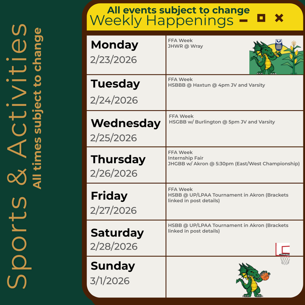 Infographic containing the information for the week. Please call the school for information 970.854.2284